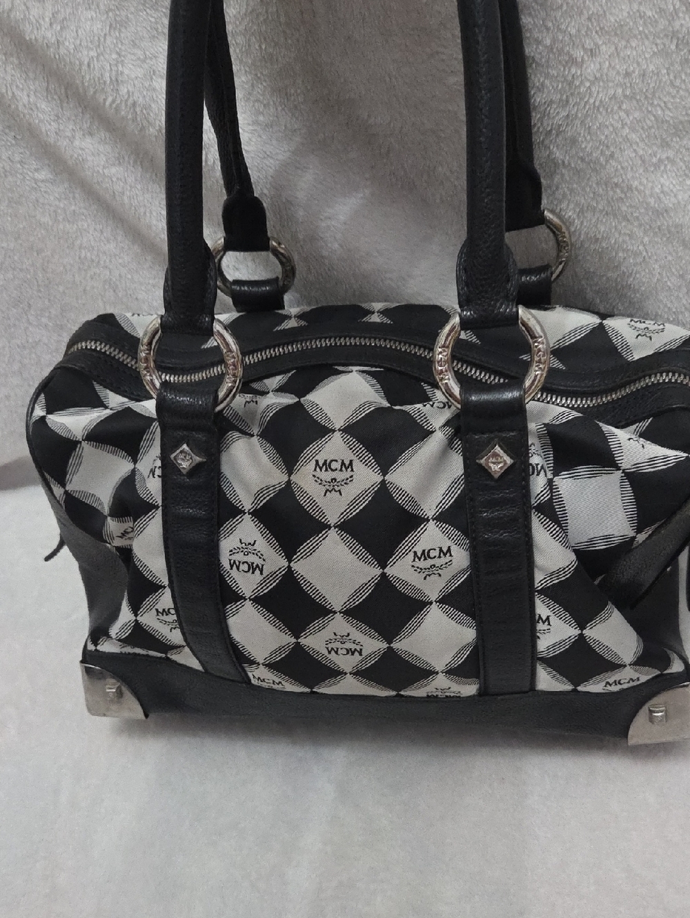 MCM Black and White Checkered Logo Satchel - Picture 4 of 14